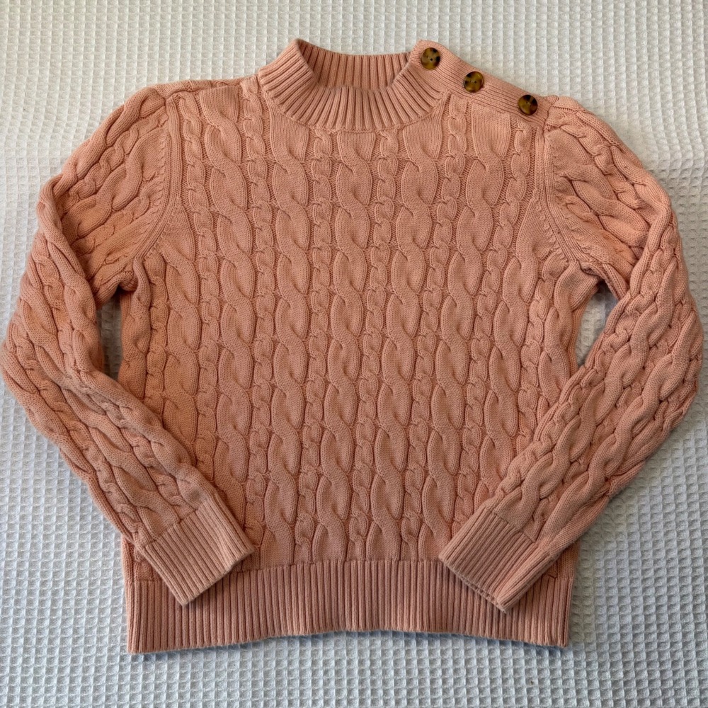 Lands End Drifter Kids Peach Cable Knit Cotton Sweater Button Shoulder M 10-12